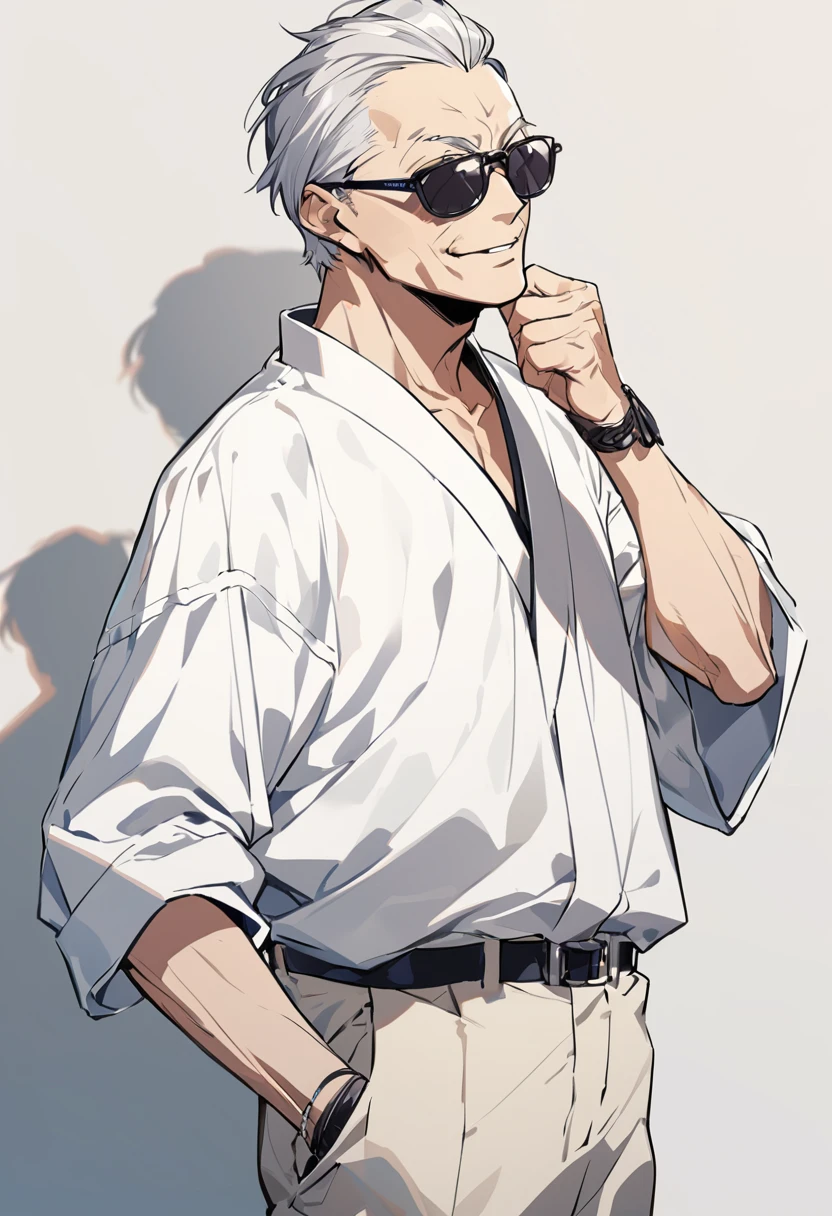 A cool 60-year-old Japanese man wearing sunglasses,Background white,Standing posture,front