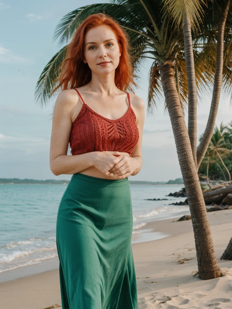 her name is Mia, high quality, 1 old woman, ((40-year-old guitar shaped body irish woman)), (((40 years old))), ((guitar shaped body)), wide hips, (wrinkled body), (old body), (((red hair))), (pale skin), ((green eyes)), she is wearing a stylish flirty crochet skirt and top (different colors), POSE: standing, BREAK, BACKGROUND: outdoor: tropical beach at dawn, pastel sky, gentle waves, soft light, seashells, palm trees, boats