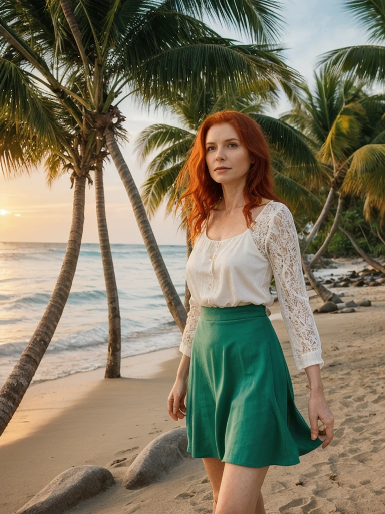 her name is Mia, high quality, 1 old woman, ((40-year-old guitar shaped body irish woman)), (((40 years old))), ((guitar shaped body)), wide hips, (wrinkled body), (old body), (((red hair))), (pale skin), ((green eyes)), she is wearing a stylish flirty crochet skirt and top (different colors), POSE: standing, BREAK, BACKGROUND: outdoor: tropical beach at dawn, pastel sky, gentle waves, soft light, seashells, palm trees, boats