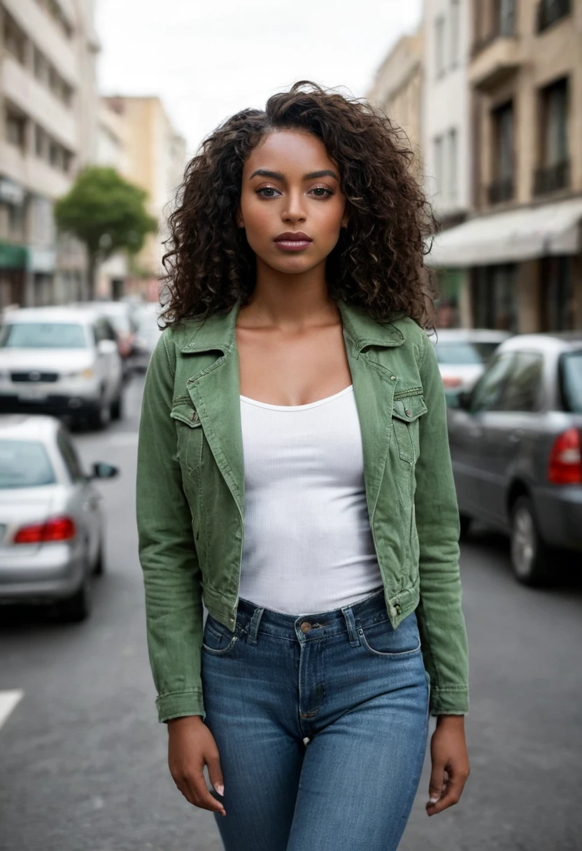 Photo Walking through the city: Capture the natural movement of the model walking along a busy street, focusing on the fluidity of movements. Woman was wearing jeans, white shirt and denim jacket. Completely Arafed woman with green eyes, eyes open and head held high. Confident pose, confident pose, beautiful young black woman with dark skin, Brazilian mixed race black woman, beautiful 30 year old Afro-Latina girl, beautiful African and Latin woman, Brazilian and Angolan descent, a black woman, mixing African and indigenous features, a unique mix of indigenous, African and European ebony. The hair is extremely curly, with well-defined and voluminous curls. The natural texture. Her hair is long, falling in voluminous waves around her shoulders and down her back. The hair has a lot of volume, creating a full, dense appearance. The hair is black. green eyes, eye is green, green and expressive eyes, beautiful green eyes, realistic green eyes, detailed green eyes (eyeliner, long eyelashes). Perfect eyebrows and are thick. the nose is small and proportional, beautiful face. Attractive and irresistible mouth, well-defined lips, full lips, voluminous lips, seductive lips. The face is oval, with high cheekbones and a well-defined chin, a beautiful and detailed face. Professional, dramatic makeup, a more impactful look with shadows that accentuate the captivating look, Striking makeup, with eyeliner, black lipstick. Skin tone: Olive skin, healthy and with uniform shine, with olive skin, dark skin, sexy girl with skin brunette, detailed skin texture, beautiful and glowing skin, intricate details, smooth skin, healthy and radiant appearance. A woman has a well-defined and athletic body. Her silhouette is shapely, highlighting a thin waist in contrast to fuller hips and bust. She has a prominent bust, with large, firm breasts, silicone breasts, voluminous breasts. Thin waist. The hips are wide and well-defined, with a pronounced hourglass shape and a large butt. The legs are long