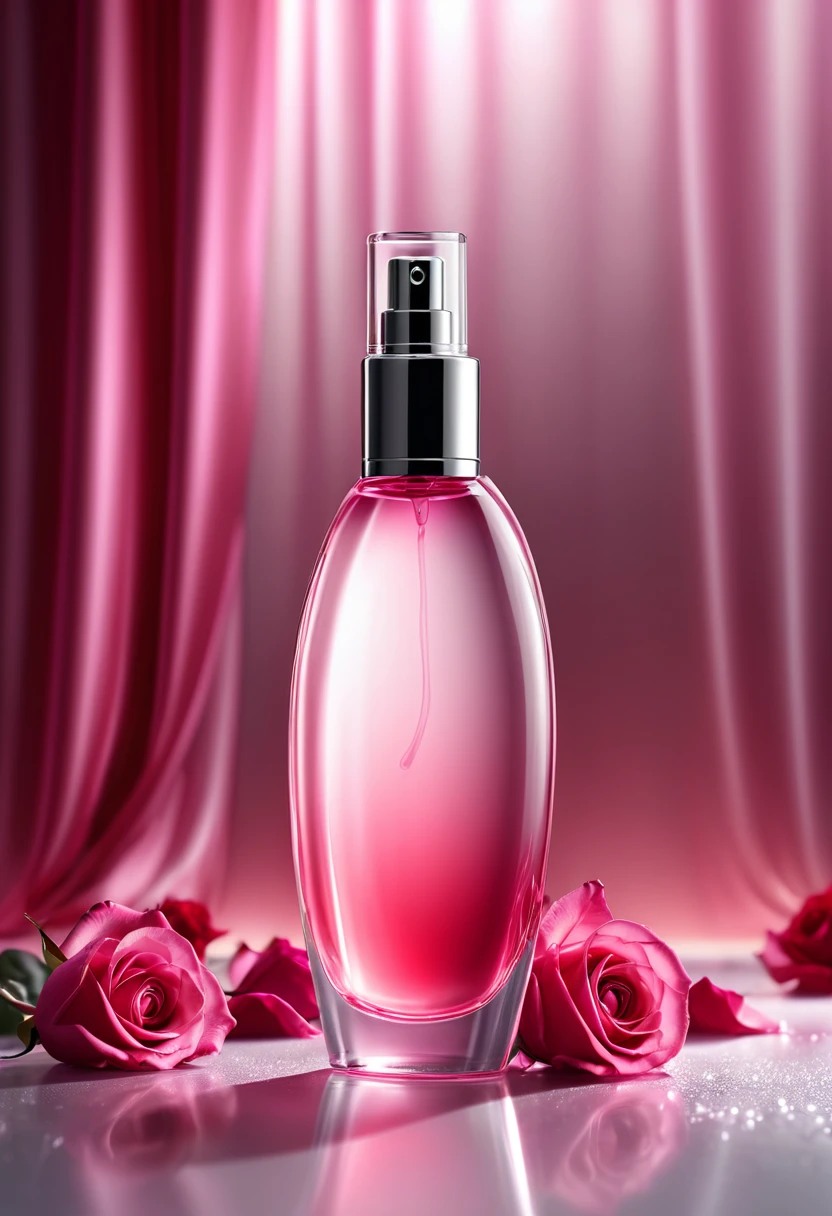 photorealistic of a slim spray parfume bottle from ice glass content pink liquid three quarter part(accurate prompt:1.8)sprayed a pink-red fog(pink to red gradation:0.7), sprayed to red rose petal(rose:1.2)silver silk curtain background, glowing curtain, oval vignette, focus on the bottle, UHD, best quality wallpaper, 8k, dramatic light, intricate detailed,