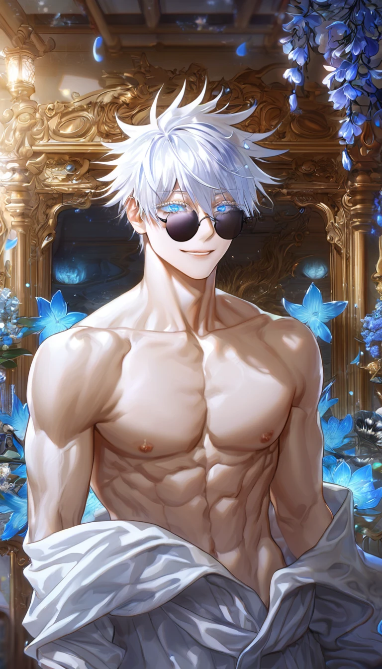 absurdres, highres, ultra detailed, HDR, master piece, Gojou Satoru, white hair with bangs, white eyelashes, expressive blue eyes, hair between the eyes, bare chest, toned chest, Jujutsu Kaisen, sexy man, room, handsome, best quality, flowers, fantasy, magical, solo, blue shining fireflies, blue petals, black round sunglasses, handsome smile, white baggy pants