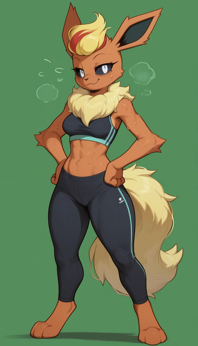 Excited expression, 1girl, anthro, furry, fur, fluffy fur, flareon girl, yellow hair (red highlights), black sclera, white eyes, pony tail hair, Messy hair, (19 years), medium breast, thicc thighs, solo, (green background), detailed, smug smile, sports top, sport pants, (sweating), hands on hips, (full body), score_9, score_8_up, score_7_up, score_6_up, score_5_up, score_4_up
