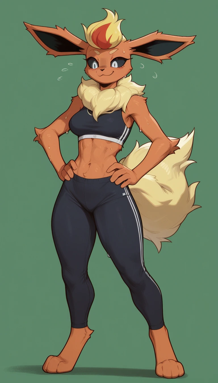 Excited expression, 1girl, anthro, furry, fur, fluffy fur, flareon girl, yellow hair (red highlights), black sclera, white eyes, pony tail hair, Messy hair, (19 years), medium breast, thicc thighs, solo, (green background), detailed, smug smile, sports top, sport pants, (sweating), hands on hips, (full body), score_9, score_8_up, score_7_up, score_6_up, score_5_up, score_4_up