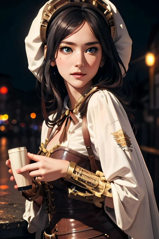 Highest quality　High resolution　Stockholm at night　Cute woman in steampunk costume　