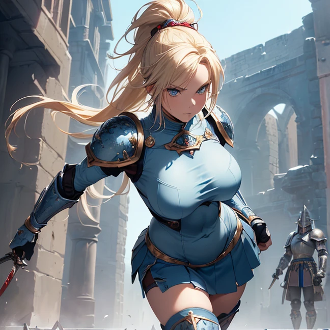(Absurdres, master piece, best high quality image, very detailed features, very detailed textures, carefuly detailed artwork, solo character, full body desing, Warhammer 40K aesthetic)
{{(1character: 40 years old beautiful blonde woman, (fair skin, blue eyes, blonde golden long hair tied in a high ponytail with a long crimson ribbon, voluptuous figure, holding with both hands a sword), (bulky feminine armor, blue bulky armor plate, full chest plate, big houlder plates, belly plate, armored gauntlets, armored sleeves, steel hip plates around the skirt, long metal boots, medieval knight helmet, (under the armor she wears: grey leotard covered by a light blue combat padded bra and a light blue short skirt, light blue long leather spandex boots, light blue long sleeves and padded gloves, dark blue steel shoulderpads),  (silver and red colored long sword with a red magical blade), (City ruins during a battle between knights against samurais))}}