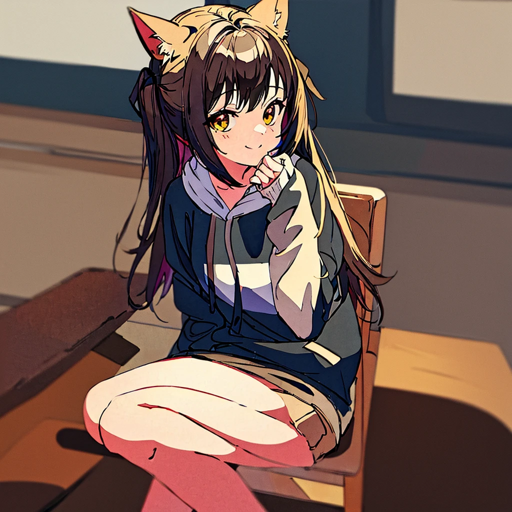 Masterpiece、detailed、high quality、One Girl、black、hoodie、Sit on a chair、Cat ear、Shy、smile、very cute