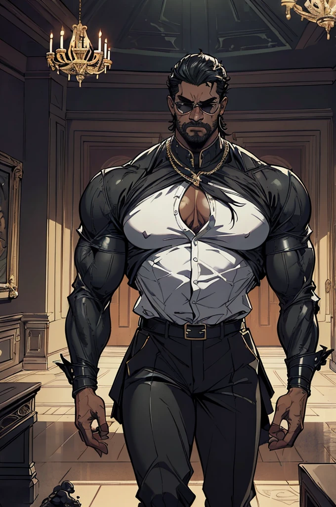 (angry),obra de arte:1.2, melhor qualidade, ultra detalhado, absurdos, Marcus "Juggernaut" Johnson:
Physical Description: Gigantic, bulky muscles, tribal tattoos.
Personality: Gentle, loyal, and protective, bodyguard of an important figure.
Clothing: Tailored black suit, white shirt, sunglasses.
Setting: Luxurious mansion of a magnate, with guards at every corner.
Photography: Soft lighting highlighting the opulence of the mansion, contrasting with Juggernaut's imposing figure. (retrato), cruzado, armadura elegante, (cocar elegante sobre capuz), Rei leproso, no estilo de Kentaro Miura, pele azul, (rosto desfigurado), partially cursed face, 1 mulher, fantasia, SCI-FI, Serious Expression, muscular, (Androgynous facial features),