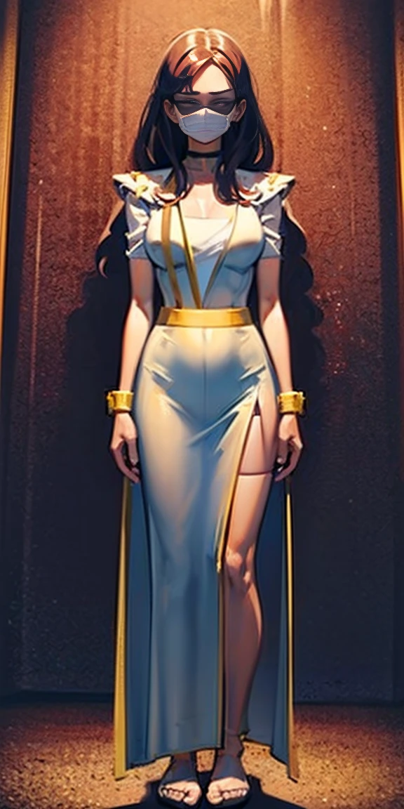 (Masterpiece, Best Quality), intricate details, 1 girl, 1 girl in, edad19, Alone, wide, colossal, looking at the viewer, by rubio, alexis texas (Standing full length, from head to toe by a wooden post.:1.2) iron necklace, arms behind the back, iron fists, shackles, tied, bondage suit, leverage, o ring, bondage suit blindfolded, happy Red cheeks, chain leash collar choker neck bell shackles wristbands bracers bracelets, Slit jaw, Sad face, Red cheeks, crying tears, Painful (She was sold and betrayed by her own family)
