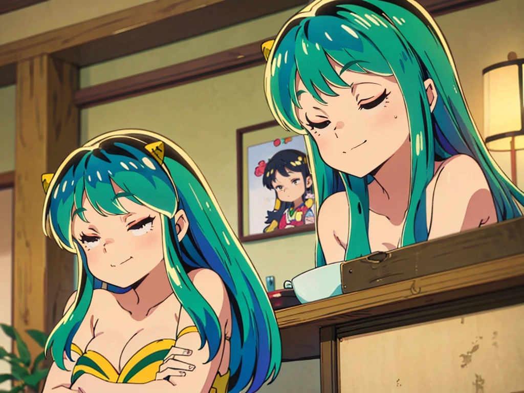 masterpiece, Highest quality, 1 Girl, Lum, 比基尼, anime, overhead shot, Sleeping with eyes closed, Taking a break, leaning back, Mature, 18-year-old, Smile, Japan, High definition, Green Hair, Apartment living room