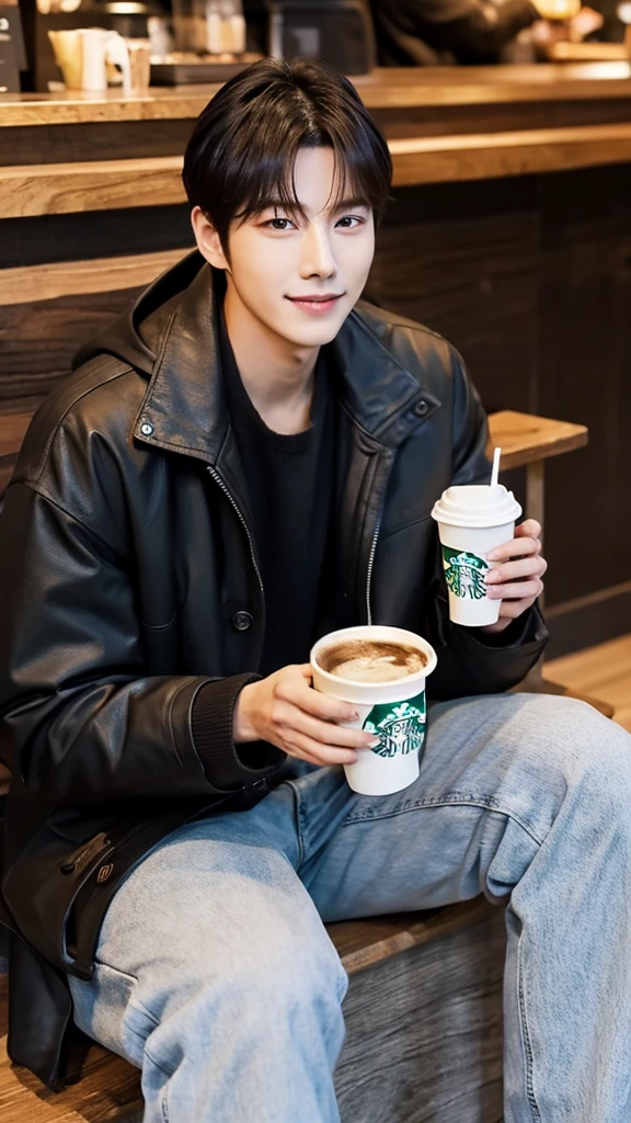 Masterpiece, best image,korean,1male,Starbucks,dating,holding coffee,,seating,Wearing black jacket