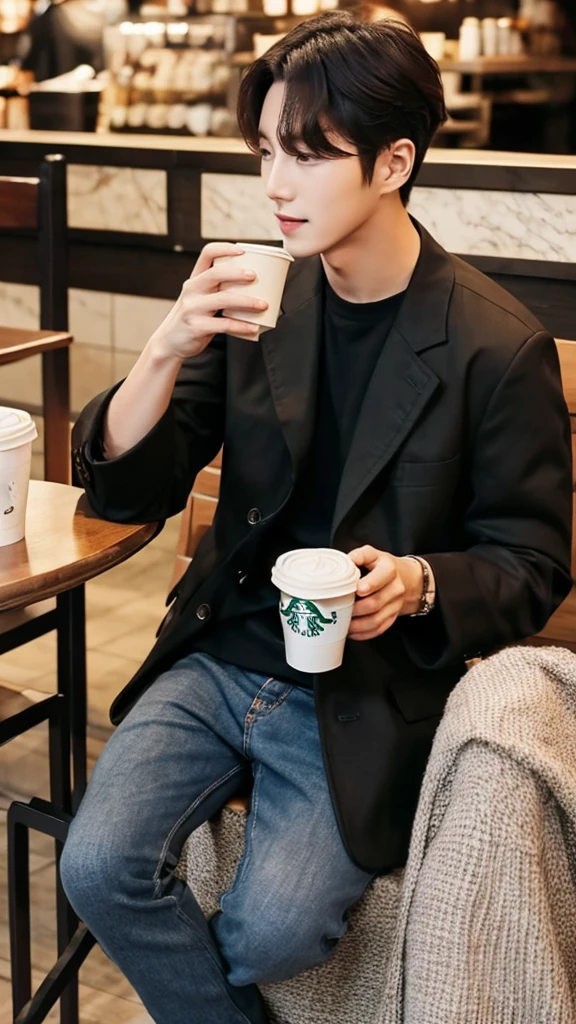 Masterpiece, best image,korean,1male,Starbucks,dating,holding coffee,,seating,Wearing black jacket