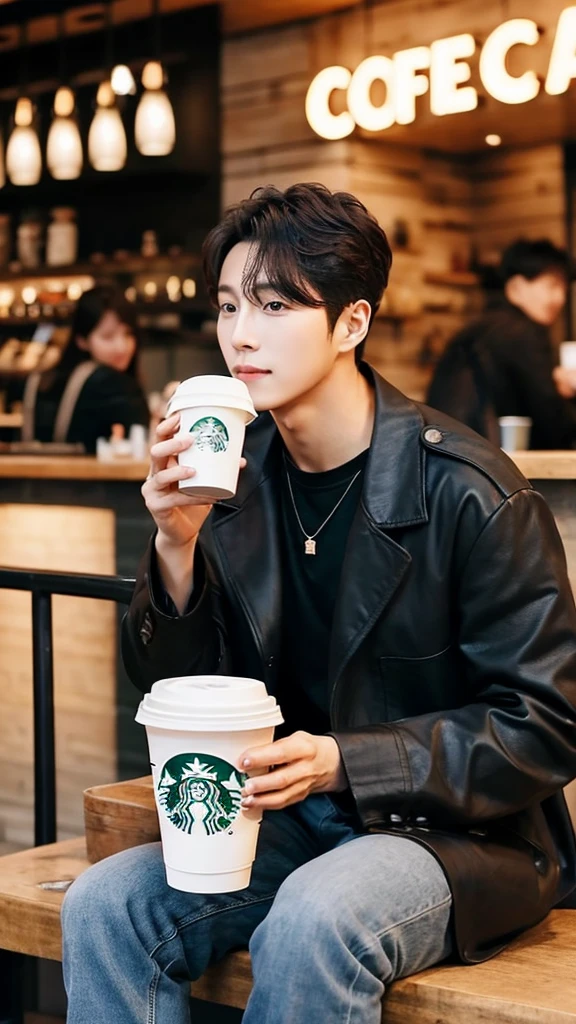 Masterpiece, best image,korean,1male,Starbucks,dating,holding coffee,,seating,Wearing black jacket