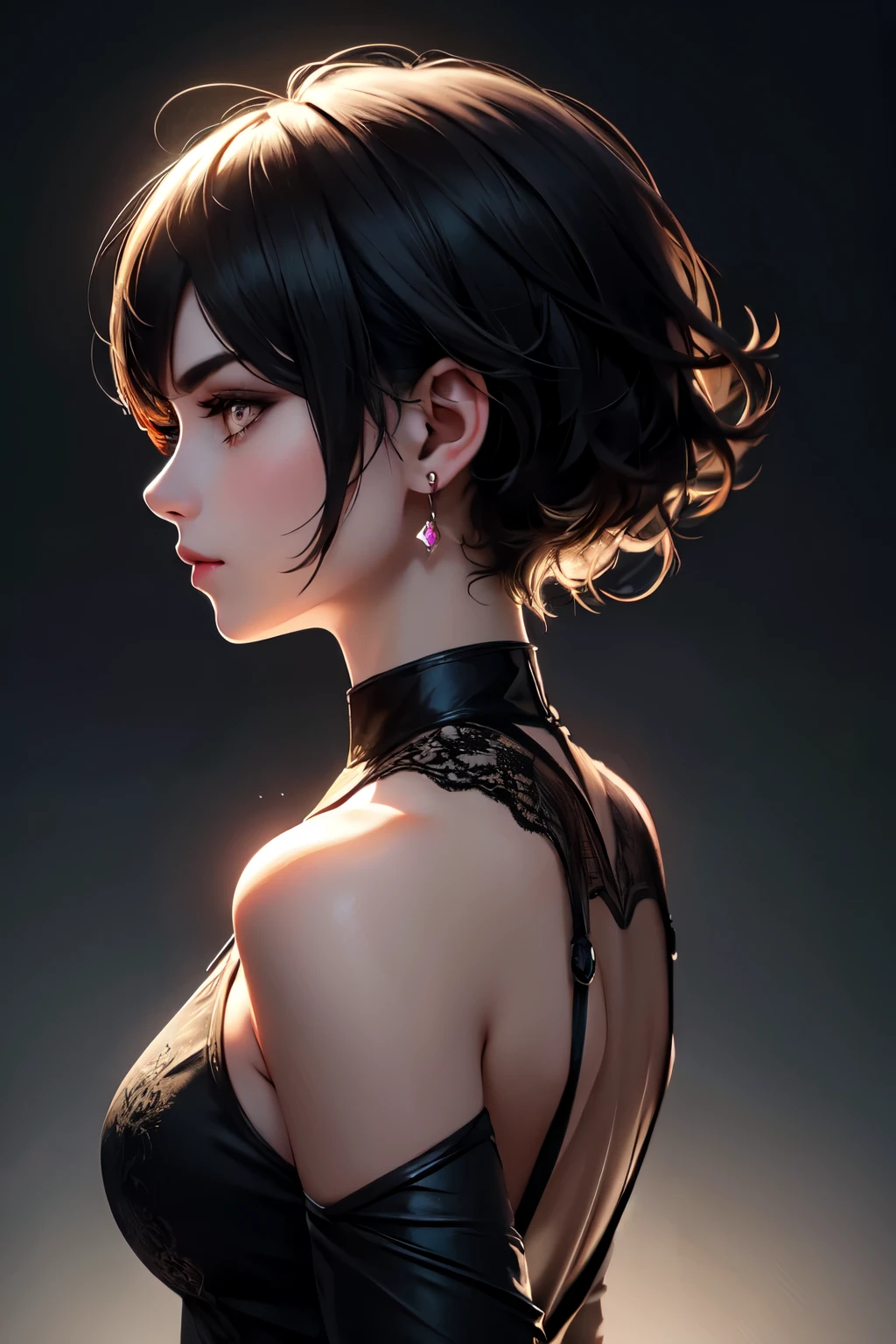 girl with low cut hair, profile, perfect side profile view, earings, 8k, high quality, simple background, glowing eyes, nice pose