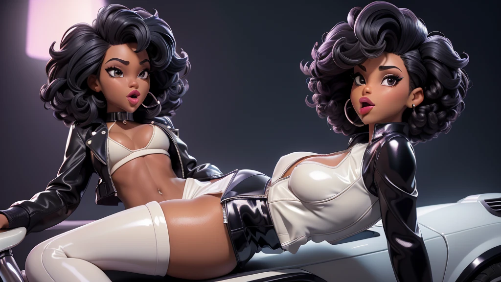 obra prima, melhor qualidade, ((two women only,)) ((sage steele, dark black skin, afro bob hair, puffy duck lips, shiny pearl lipstick,)) head back, ((sexy sultry wicked look, open mouth, pucker mouth,)) ((wearing shiny periwinkle pvc biker blazer,)) ((jacket is unzipped and wide open, small breasts, nip slip,)) jacket has padded puff shoulders, shiny leather gloves, ((shiny cream white micro mini pvc skirt,)) body is skinny, shiny tight buttocks, ((in luxury convertible, sexy tongue kissing, stick shift between legs,)) (camera view of whole body,) looking up at me, shallow depth of field, highres, HD, 8k, anatomically correct