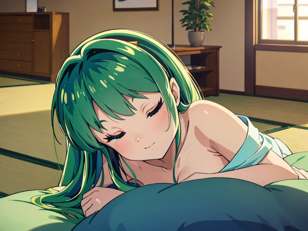 masterpiece, Highest quality, 1 Girl, Lum, 比基尼, anime, overhead shot, Sleeping with eyes closed, Taking a break, leaning back, Mature, 18-year-old, Smile, Japan, High definition, Green Hair, Apartment living room