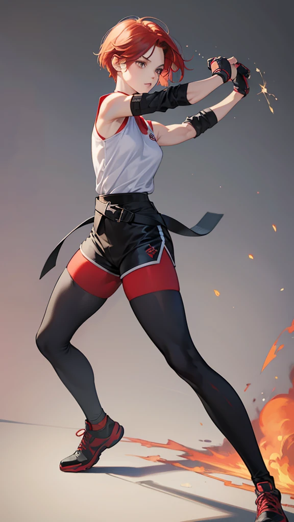 {{masterpiece}}, {{{best quality}}},{{ultra-detailed}}, {{illustration}},{{tall stature}},{{adult women}},skinny,Small breasts,Slender body,{{fighting stance}},((Leggings with integrated shorts)),Black leggings female fighter　Red hair short cut　Sleeveless uniform　Martial Arts Belt　,full body, black fingerless gloves