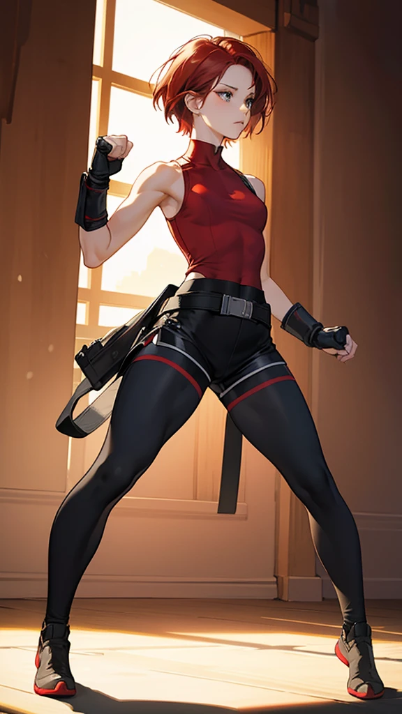 {{masterpiece}}, {{{best quality}}},{{ultra-detailed}}, {{illustration}},{{tall stature}},{{adult women}},skinny,Small breasts,Slender body,{{fighting stance}},((Leggings with integrated shorts)),Black leggings female fighter Red hair short cut Sleeveless uniform Martial Arts Belt ,full body, black fingerless gloves