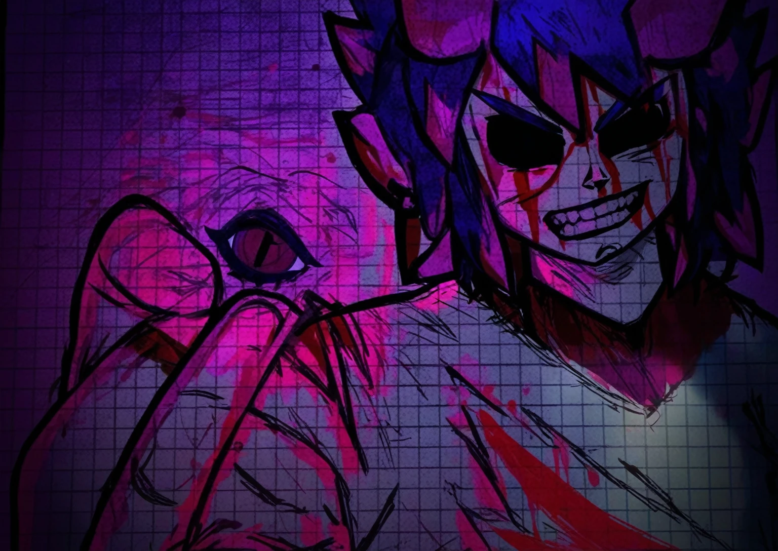 drawing of a man with a sword and demon face, 2d gorillaz, art 2D, art 2D, scribbled, Unknown art style, Intricate Yandere, horrible background, yandere gapmoe, [ conceptual art ]!!, Anime 2D, ( ( color pen ) ), yandere, yandere gapmoe grimdark
