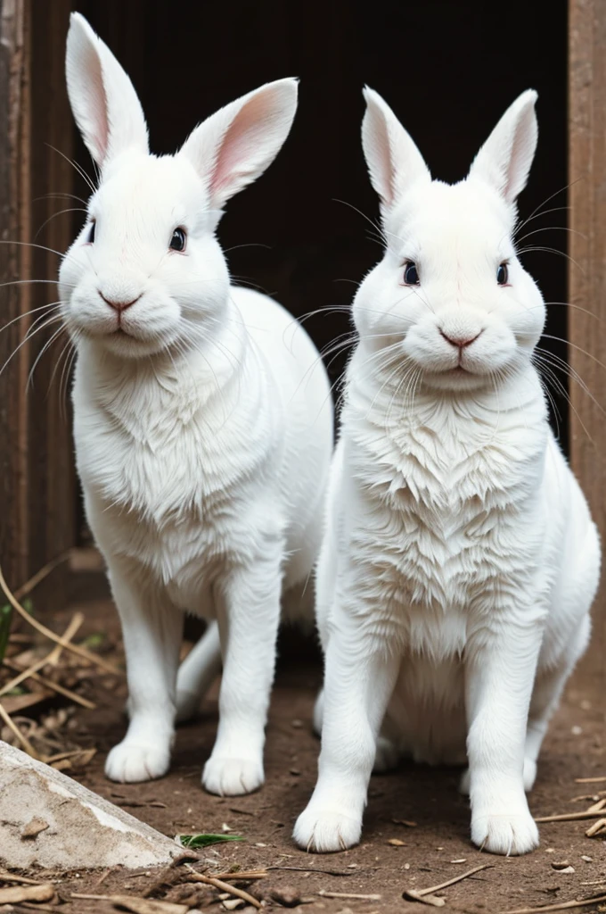 A small white rabbit with quite a few black spots and a puppy dog