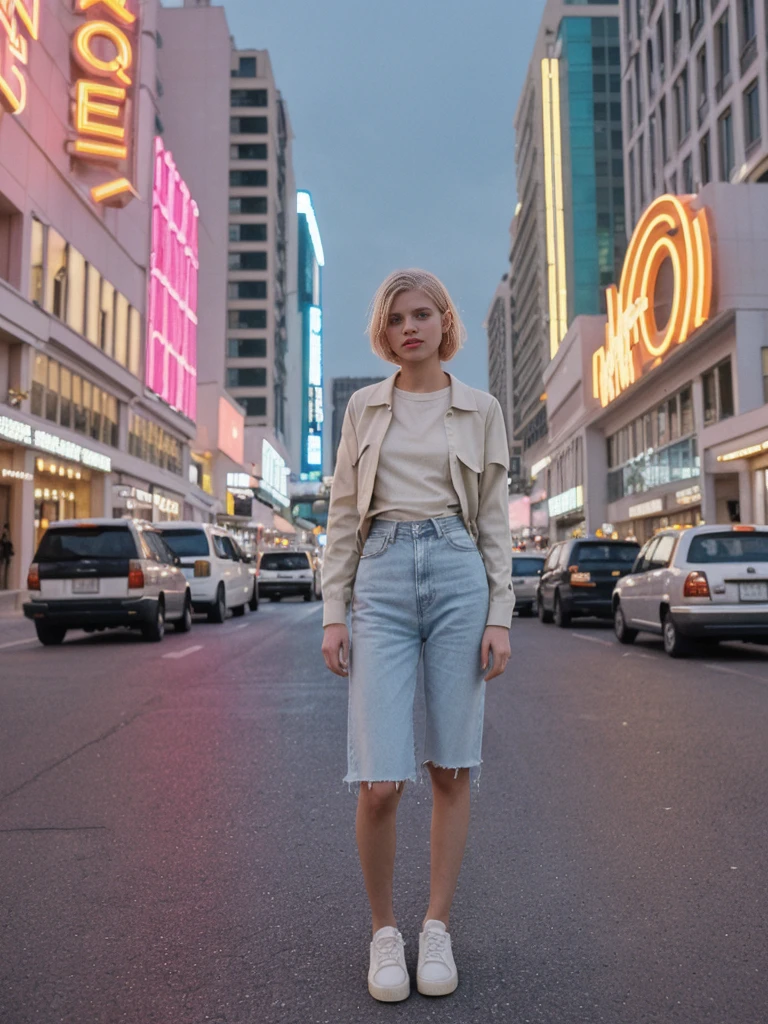her name is Amelie, high quality, 1girl, ((20-year-old fit Caucasian woman)), ((20 years old)), ((SLIM)), ((short blonde hair)), pose: standing, wearing Contemporary Generation-Z modern wear pastel colored, BACKGROUND: On the Strip, with its dazzling lights, bustling casinos, and extravagant hotels.