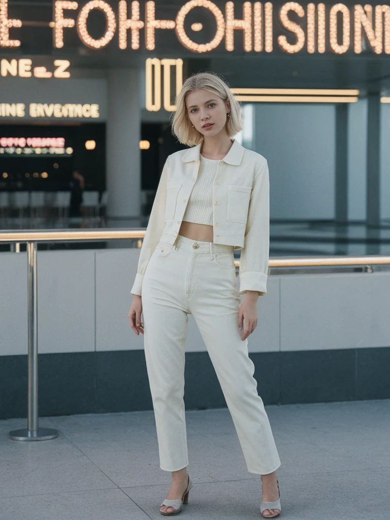 her name is Amelie, high quality, 1girl, ((20-year-old fit Caucasian woman)), ((20 years old)), ((SLIM)), ((short blonde hair)), pose: standing, wearing Contemporary Generation-Z modern wear pastel colored, BACKGROUND: On the Strip, with its dazzling lights, bustling casinos, and extravagant hotels.