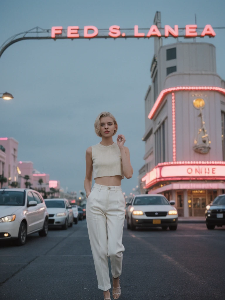 her name is Amelie, high quality, 1girl, ((20-year-old fit Caucasian woman)), ((20 years old)), ((SLIM)), ((short blonde hair)), pose: standing, wearing Contemporary Generation-Z modern wear pastel colored, BACKGROUND: On the Strip, with its dazzling lights, bustling casinos, and extravagant hotels.