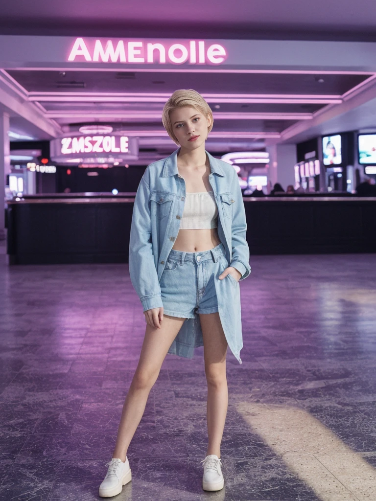 her name is Amelie, high quality, 1girl, ((20-year-old fit Caucasian woman)), ((20 years old)), ((SLIM)), ((short blonde hair)), pose: standing, wearing Contemporary Generation-Z modern wear pastel colored, BACKGROUND: On the Strip, with its dazzling lights, bustling casinos, and extravagant hotels.