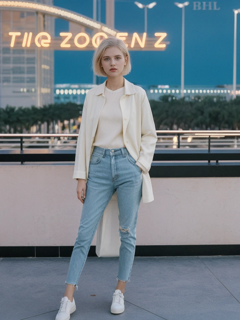 her name is Amelie, high quality, 1girl, ((20-year-old fit Caucasian woman)), ((20 years old)), ((SLIM)), ((short blonde hair)), pose: standing, wearing Contemporary Generation-Z modern wear pastel colored, BACKGROUND: On the Strip, with its dazzling lights, bustling casinos, and extravagant hotels.