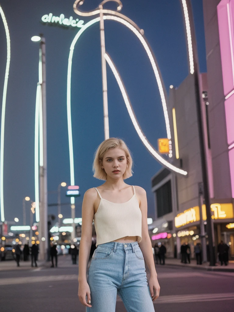 her name is Amelie, high quality, 1girl, ((20-year-old fit Caucasian woman)), ((20 years old)), ((SLIM)), ((short blonde hair)), pose: standing, wearing Contemporary Generation-Z modern wear pastel colored, BACKGROUND: On the Strip, with its dazzling lights, bustling casinos, and extravagant hotels.