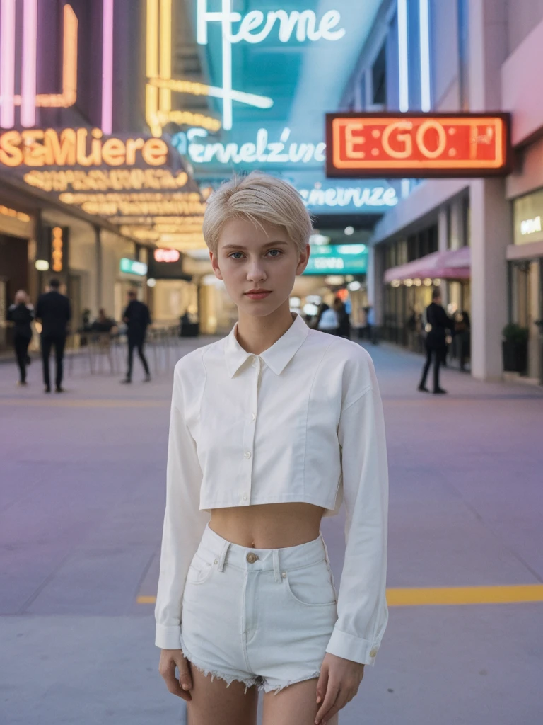 her name is Amelie, high quality, 1girl, ((20-year-old fit Caucasian woman)), ((20 years old)), ((SLIM)), ((short blonde hair)), pose: standing, wearing Contemporary Generation-Z modern wear pastel colored, BACKGROUND: On the Strip, with its dazzling lights, bustling casinos, and extravagant hotels.