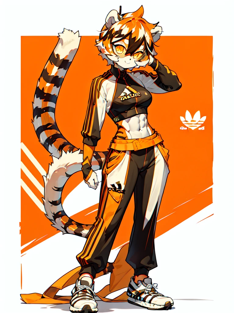 white background, full body,1girl，solo, Standing, animal ears, white hair, black hair, short hair, large breasts, Abdominal muscles,, tail, orange eyes, orange hair, multicolored hair, tiger girl, hair between eyes, tiger_ears, tiger_tail, orange-tinted_eyewear, tinted_eyewear, big breasts, evil smile, Shadows under feet,  (((Adidas outfit:1.2))),
