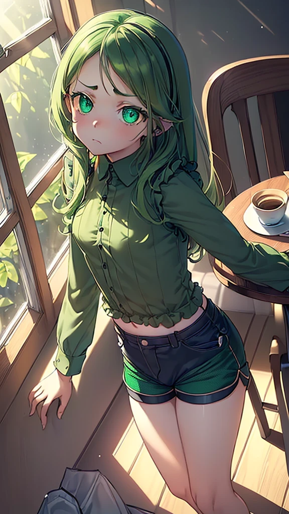 (flat:1.5),(cafe, window, sunlight, table, chair, sedentary:1.5) (big ass, thick thighs:0.7), (warm light source:1.2), intricate details, volumetric lighting, Realism BREAK(masterpiece:1.2), (top quality), 4K, ultra detail, (Dynamic configuration:1.4), Very detailed and colorful details,(rainbow colors:1.2), (shining lights, atmospheric lighting), dreamy, magical, (alone:1.2), intricate details, cheeky expression, (normal size breasts), (green eyes:1.5), (a devastated expression, dead eyes, dark atmosphere:1.5), (darker green hair:1.5), (shirt, Small and tight shorts:1.5), (chubby, round belly), (beautiful eyes, flushing:1.5),(human ear,thin legs:1.5),(chair에 sedentary, diagonal shot:1.5), (embarrassing:1.5),(diagonal shot:1.5), wanting to masturbate 