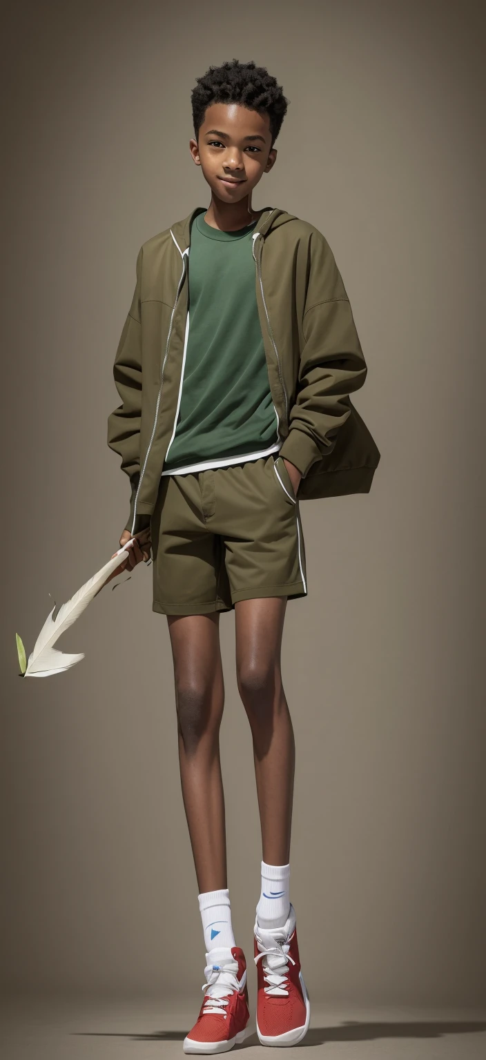 14 year old boy,Light brown skin,Blue sports shorts,Bright green top,High-top board shoes,Big round eyes,Very short hair,Tall and skinny,full-body shot,A junior high school student holding an arrow feather,Smile,best quality