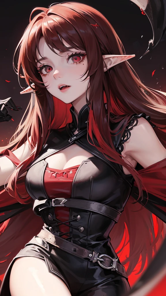 (Top resolution、Distinct_image)top-quality、A girl、​masterpiece、highly detailed, half body, Semi-realistic、red eyes 、18year old, dark red hair,young 、Exquisite facial features、Facial features ,variation potrait, long  hairstyles, teenage, cool , cold sharp eyes, An expression of despair., lifeless eyes, blood on face and clothes, , {Very detailed 8k CG unit wallpaper}, Handsome, solo, female, vampires,  luxury dress, dark cloak, Gothic, elf ears , loyalty , black clothes 
