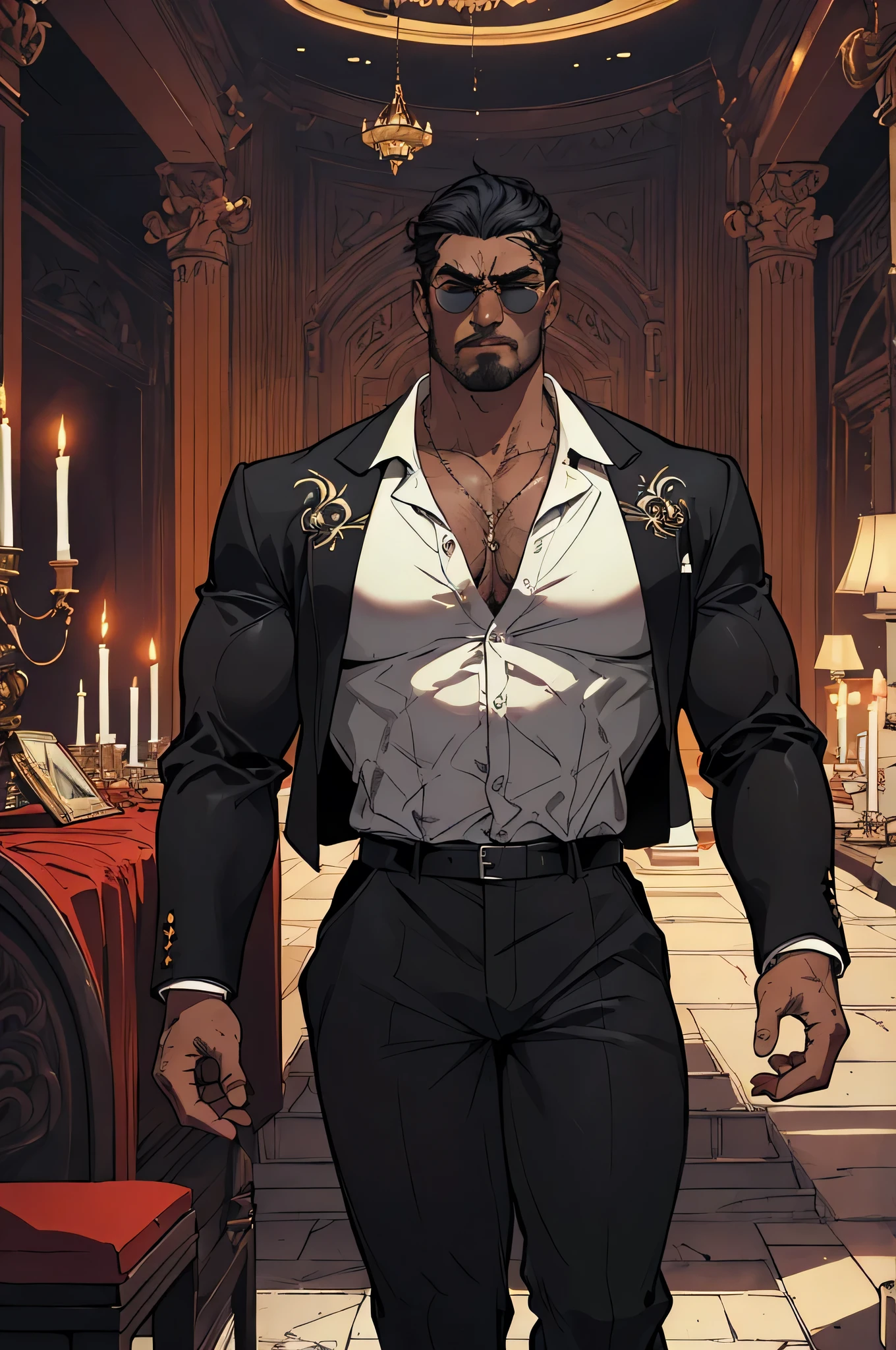 (angry),obra de arte:1.2, melhor qualidade, ultra detalhado, absurdos, Marcus "Juggernaut" Johnson:
Physical Description: Gigantic, bulky muscles, tribal tattoos.
Personality: Gentle, loyal, and protective, bodyguard of an important figure.
Clothing: Tailored black suit, white shirt, sunglasses.
Setting: Luxurious mansion of a magnate, with guards at every corner.
Photography: Soft lighting highlighting the opulence of the mansion, contrasting with Juggernaut's imposing figure. (retrato), cruzado, armadura elegante, (cocar elegante sobre capuz), Rei leproso, no estilo de Kentaro Miura, pele azul, (rosto desfigurado), partially cursed face, 1 mulher, fantasia, SCI-FI, Serious Expression, muscular, (Androgynous facial features),