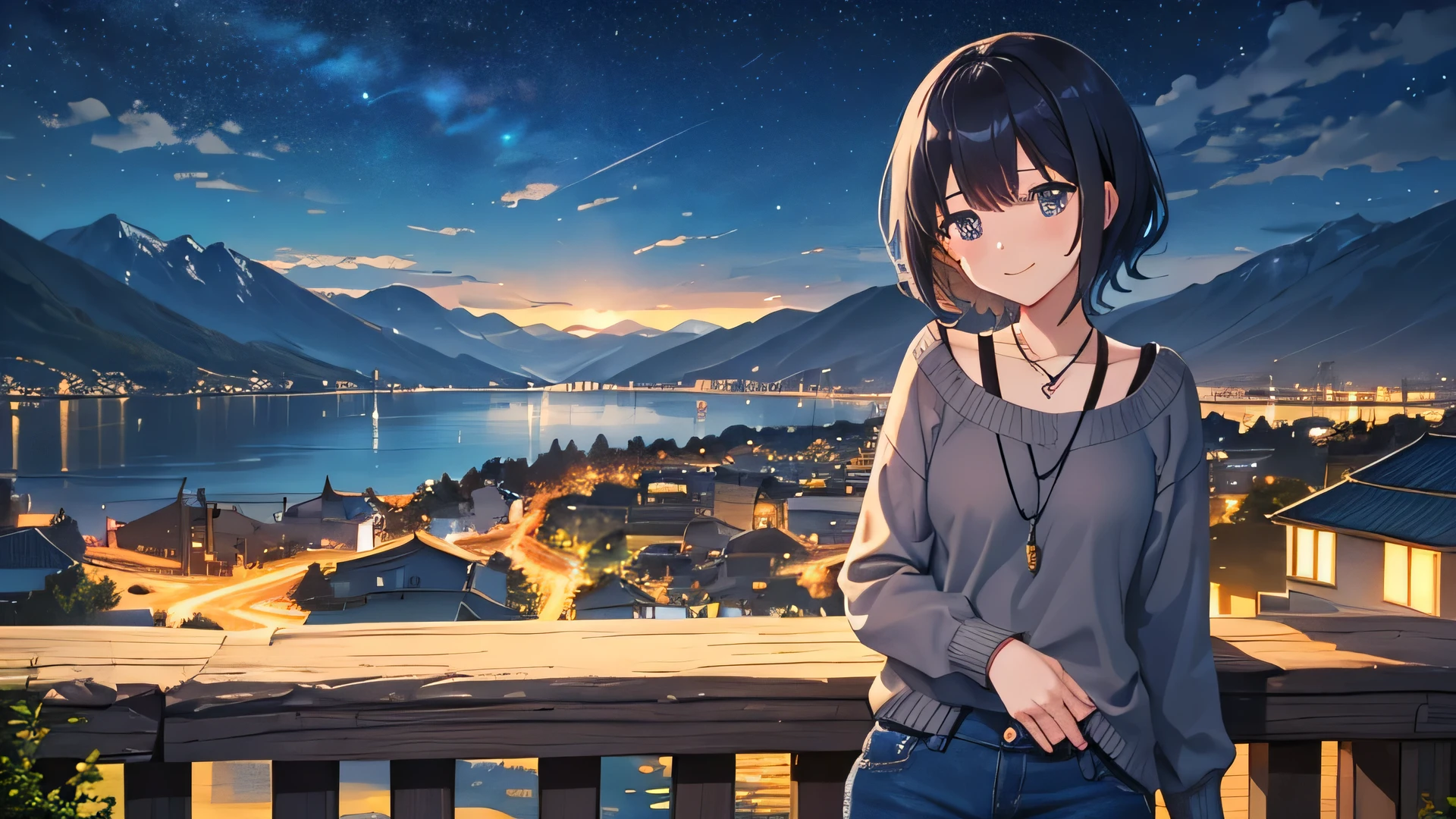 (((night))), mountain ranges in the background, Lake in front of the mountains, An ancient city sparkles across the lake, Cute anime in the foreground20There is a woman in her late twenties, Black short hair, ((knit、jeans))seems cold、The girl looks at this town by the lake、smile、happy、beautiful