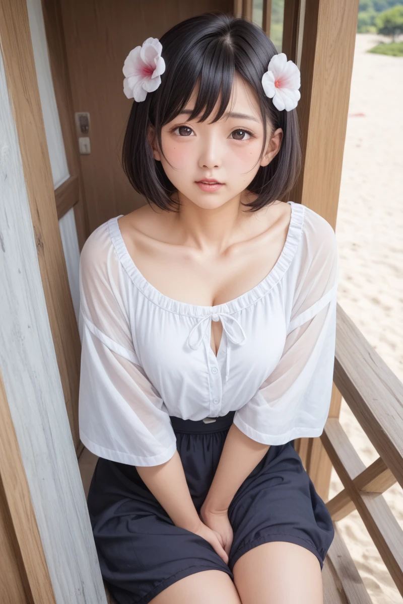 score_9,score_8_superior,score_7_superior,8k, High resolution, 、beautiful girl, bright black hair, Thin Hair, Small face, cute、Highest quality,Japanese face、small mole on the corner of the eye,((Puffy eyes)uperior目づかい)、Short Bob、Look at the opponent、Beach、口角superiorがる、Beautiful legs、Flower Hair Ornaments、sexy、Sensual、Bling、Masturbation、cute浴tival