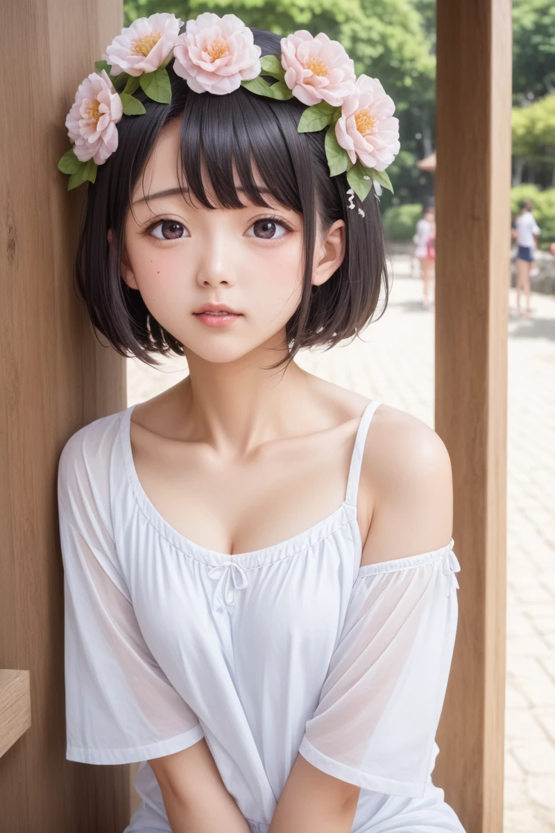 score_9,score_8_superior,score_7_superior,8k, High resolution, 5 、beautiful girl, bright black hair, Thin Hair, Small face, cute、Highest quality,Japanese face、small mole on the corner of the eye,((Puffy eyes))、(superior目づかい)、Short Bob、Look at the opponent、Beach、口角superiorがる、Beautiful legs、Flower Hair Ornaments、sexy、Sensual、Blushing、Masturbation、cute浴衣、Summer festival