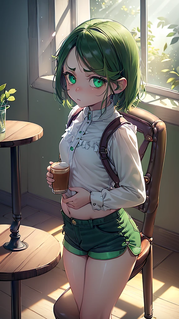 (flat:1.5),(cafe, window, sunlight, table, chair, sedentary:1.5) (big ass, thick thighs:0.7), (warm light source:1.2), intricate details, volumetric lighting, Realism BREAK(masterpiece:1.2), (top quality), 4K, ultra detail, (Dynamic configuration:1.4), Very detailed and colorful details,(rainbow colors:1.2), (shining lights, atmospheric lighting), dreamy, magical, (alone:1.2), intricate details, cheeky expression, (normal size breasts), (green eyes:1.5), (a devastated expression, dead eyes, dark atmosphere:1.5), (darker green hair:1.5), (shirt, Small and tight shorts:1.5), (chubby, round belly), (beautiful eyes, flushing:1.5),(human ear,thin legs:1.5),(chair에 sedentary, diagonal shot:1.5), (embarrassing:1.5),(diagonal shot:1.5), wanting to masturbate