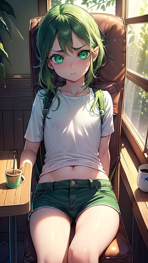 (flat:1.5),(cafe, window, sunlight, table, chair, sedentary:1.5) (big ass, thick thighs:0.7), (warm light source:1.2), intricate details, volumetric lighting, Realism BREAK(masterpiece:1.2), (top quality), 4K, ultra detail, (Dynamic configuration:1.4), Very detailed and colorful details,(rainbow colors:1.2), (shining lights, atmospheric lighting), dreamy, magical, (alone:1.2), intricate details, cheeky expression, (normal size breasts), (green eyes:1.5), (a devastated expression, dead eyes, dark atmosphere:1.5), (darker green hair:1.5), (shirt, Small and tight shorts:1.5), (chubby, round belly), (beautiful eyes, flushing:1.5),(human ear,thin legs:1.5),(chair에 sedentary, diagonal shot:1.5), (embarrassing:1.5),(diagonal shot:1.5), wanting to masturbate 