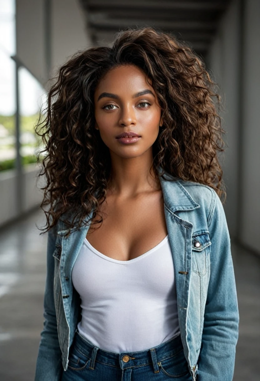 Photo Urban profile: Woman on the side, with her face turned towards the urban horizon, highlighting both the person and the scenery in the background. Woman was wearing jeans, white shirt and denim jacket. Completely Arafed woman with green eyes, eyes open and head held high. Confident pose, confident pose, beautiful young black woman with dark skin, Brazilian mixed race black woman, beautiful 30 year old Afro-Latina girl, beautiful African and Latin woman, Brazilian and Angolan descent, a black woman, mixing African and indigenous features, a unique mix of indigenous, African and European ebony. The hair is extremely curly, with well-defined and voluminous curls. The natural texture. Her hair is long, falling in voluminous waves around her shoulders and down her back. The hair has a lot of volume, creating a full, dense appearance. The hair is black. green eyes, eye is green, green and expressive eyes, beautiful green eyes, realistic green eyes, detailed green eyes (eyeliner, long eyelashes). Perfect eyebrows and are thick. the nose is small and proportional, beautiful face. Attractive and irresistible mouth, well-defined lips, full lips, voluminous lips, seductive lips. The face is oval, with high cheekbones and a well-defined chin, a beautiful and detailed face. Professional, dramatic makeup, a more impactful look with shadows that accentuate the captivating look, Striking makeup, with eyeliner, black lipstick. Skin tone: Olive skin, healthy and with uniform shine, with olive skin, dark skin, sexy girl with skin brunette, detailed skin texture, beautiful and glowing skin, intricate details, smooth skin, healthy and radiant appearance. A woman has a well-defined and athletic body. Her silhouette is shapely, highlighting a thin waist in contrast to fuller hips and bust. She has a prominent bust, with large, firm breasts, silicone breasts, voluminous breasts. Thin waist. The hips are wide and well-defined, with a pronounced hourglass shape and a large butt. The leg