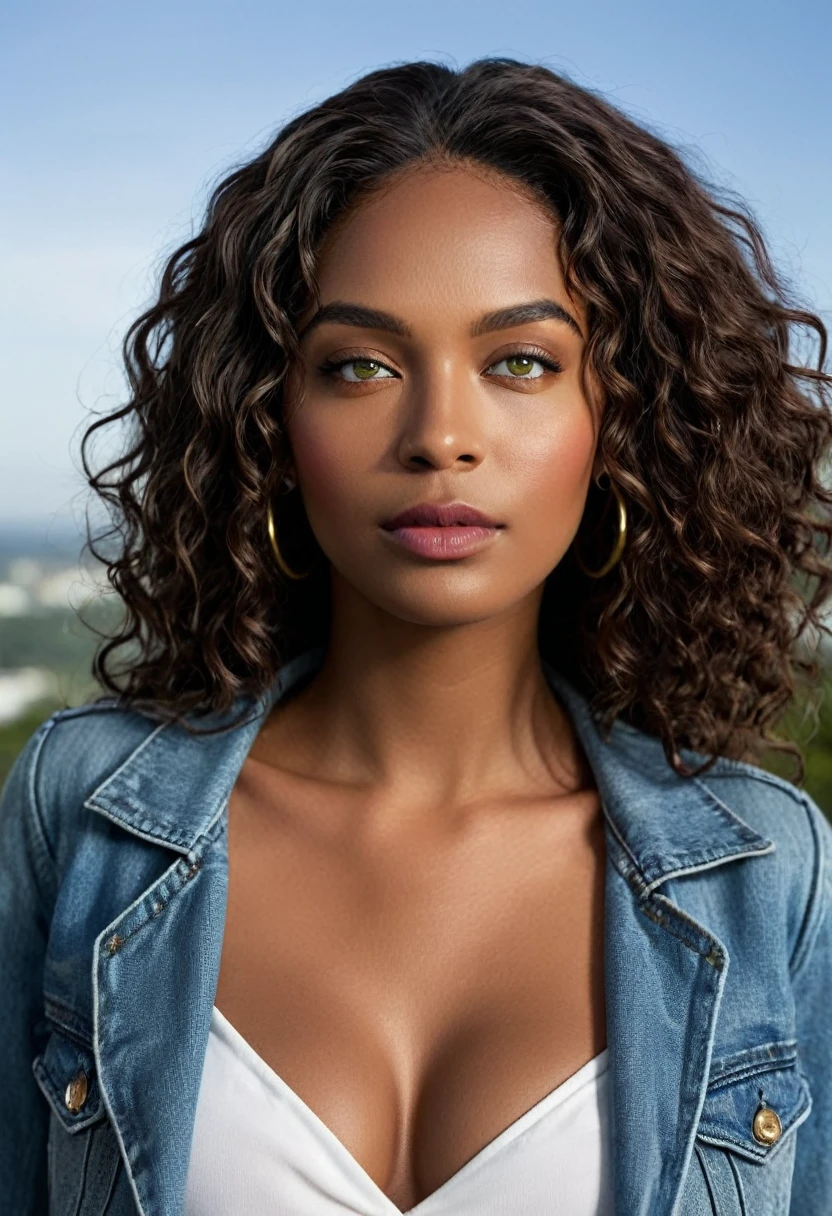 Photo Urban profile: Woman on the side, with her face turned towards the urban horizon, highlighting both the person and the scenery in the background. Woman was wearing jeans, white shirt and denim jacket. Completely Arafed woman with green eyes, eyes open and head held high. Confident pose, confident pose, beautiful young black woman with dark skin, Brazilian mixed race black woman, beautiful 30 year old Afro-Latina girl, beautiful African and Latin woman, Brazilian and Angolan descent, a black woman, mixing African and indigenous features, a unique mix of indigenous, African and European ebony. The hair is extremely curly, with well-defined and voluminous curls. The natural texture. Her hair is long, falling in voluminous waves around her shoulders and down her back. The hair has a lot of volume, creating a full, dense appearance. The hair is black. green eyes, eye is green, green and expressive eyes, beautiful green eyes, realistic green eyes, detailed green eyes (eyeliner, long eyelashes). Perfect eyebrows and are thick. the nose is small and proportional, beautiful face. Attractive and irresistible mouth, well-defined lips, full lips, voluminous lips, seductive lips. The face is oval, with high cheekbones and a well-defined chin, a beautiful and detailed face. Professional, dramatic makeup, a more impactful look with shadows that accentuate the captivating look, Striking makeup, with eyeliner, black lipstick. Skin tone: Olive skin, healthy and with uniform shine, with olive skin, dark skin, sexy girl with skin brunette, detailed skin texture, beautiful and glowing skin, intricate details, smooth skin, healthy and radiant appearance. A woman has a well-defined and athletic body. Her silhouette is shapely, highlighting a thin waist in contrast to fuller hips and bust. She has a prominent bust, with large, firm breasts, silicone breasts, voluminous breasts. Thin waist. The hips are wide and well-defined, with a pronounced hourglass shape and a large butt. The leg