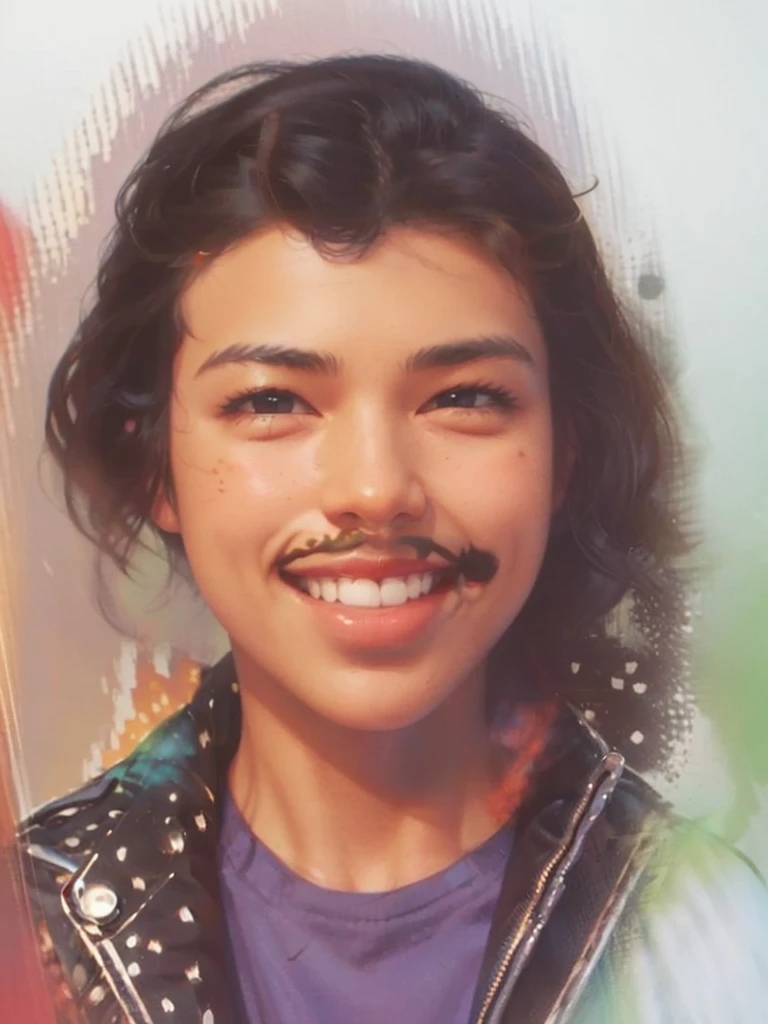 Create a 3D animation of a caricature  Realistic depiction of a man with Male characteristics, Black, wavy, shoulder-length, slightly messy hair, Round face with a soft jawline, Medium-sized, slightly slanted eyes, Wide nose with a slightly rounded tip, Thick and naturally curved eyebrows, Full lips with a wide, happy smile, Friendly and cheerful smile expression, Wearing a jacket with visible white stitching and a blue shirt underneath. Gradient brown background with a little professional lighting. Masterpiece, best quality, very detailed skin and face, very realistic, high definition, studio lighting, sharp focus, 2/3 body angle, Concept Art, 3D renderin. 
