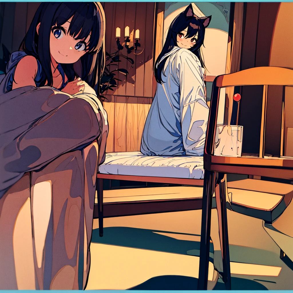 Masterpiece、Highest quality、Real、One Girl、very cute、black、hoodie、Sit on a chair、Cat ear、Shy、smile