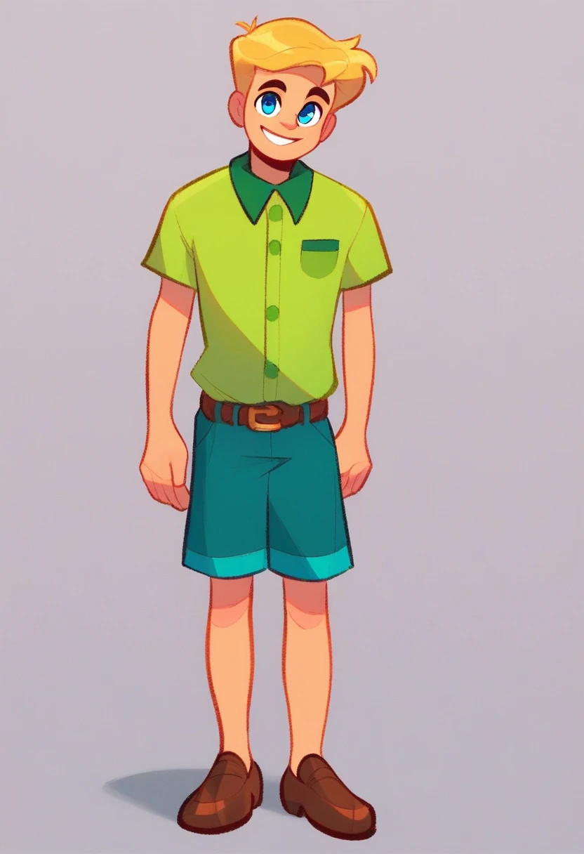hank_huckerdoo, solo, looking at viewer, smile, short hair, blue eyes, blonde hair, shirt, 1boy, standing, full body, male focus, lime green golf shirt, blue trouser shorts, brown belt, blond hair, brown shoes, tall, three white buttons, grin, teeth