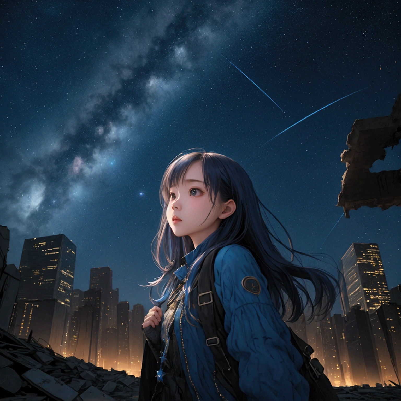 Blue Impact、Ruined City、starry skies、View from below looking up、Beautiful girl in the middle(small)、Glass