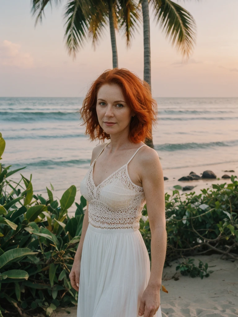 portrait, her name is Mia, high quality, 1 old woman, ((40-year-old guitar shaped body irish woman)), (((40 years old))), ((guitar shaped body)), wide hips, (wrinkled body), (old body), (((red hair))), (pale skin), ((green eyes)), she is wearing a crochet skirt and top (different colors), POSE: standing, BREAK, BACKGROUND: outdoor: tropical beach at dawn, pastel sky, gentle waves, soft light, seashells, palm trees, boats