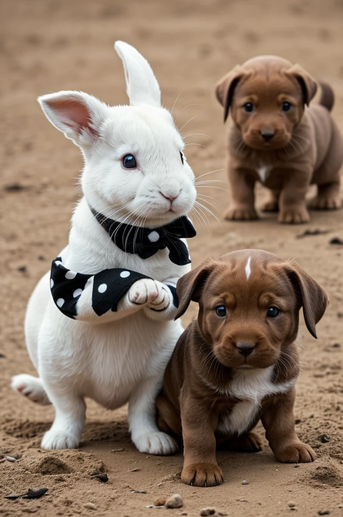 A small white rabbit with black spots on its body and a brown puppy dog