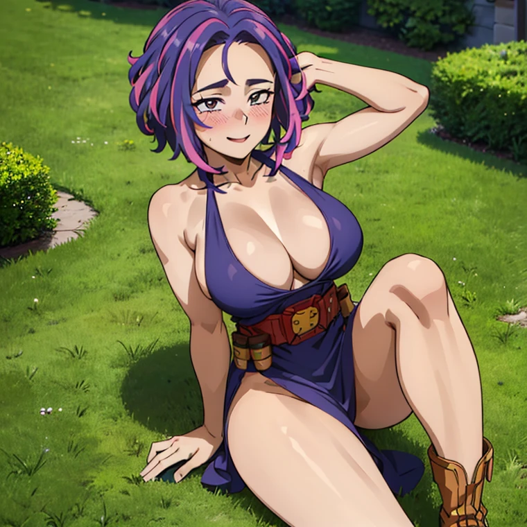 1girl, alone, lady nagant,(best quality, ultra detailed), ((full-face blush)), (detailed background:1.2), (perfect face, detailed face), looking at viewer, (mature female:1.4), smile lady_nagant, large breasts, short hair, sleeveless, streaked hair, bare shoulders, medium hair, belt, dress, purple hair,multicolored hair ,boots (garden, outdoors, sitting), perfect hands, perfect anatomy ((en bikini de color blanco "se resalte  las tetas" y  toda mojada)), *(("cara de excitada sacando la lengua" ))* (("en bikini ")) ((las piernas abiertas a en pose sexy en bikini))(( "sin falda" )) (("mostrando las bragas")) ((pose sexy mostrando sus  atributos)) ((las piernas abiertas viendo para la cámara mostrando  bragas))